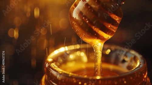 Golden honey flows from dipper into jar, showcasing its rich texture and color. photo