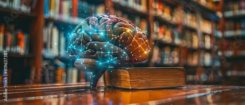 Artificial intelligence concept showcasing a digital brain with neural network connections in a library, blending technology with knowledge.