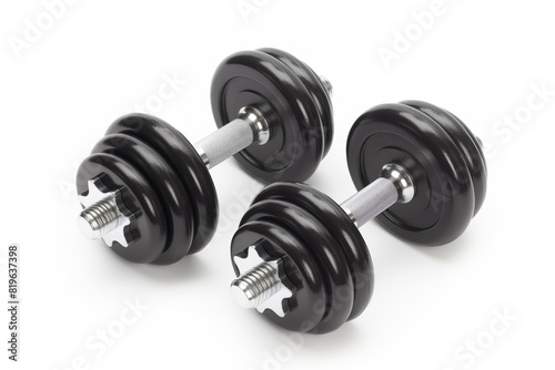 A pair of black dumbbells sit isolated on white background. Generative AI