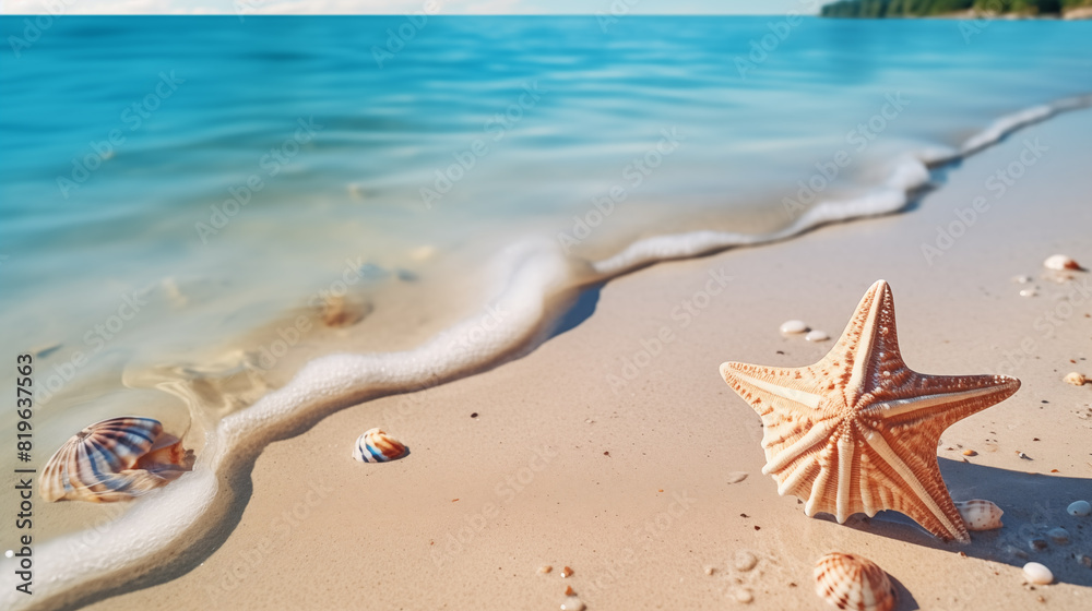 Starfish and shells on the beach. Concept of travel, vacation and holiday Starfish and shells on the beach. Concept of travel, vacation and holiday