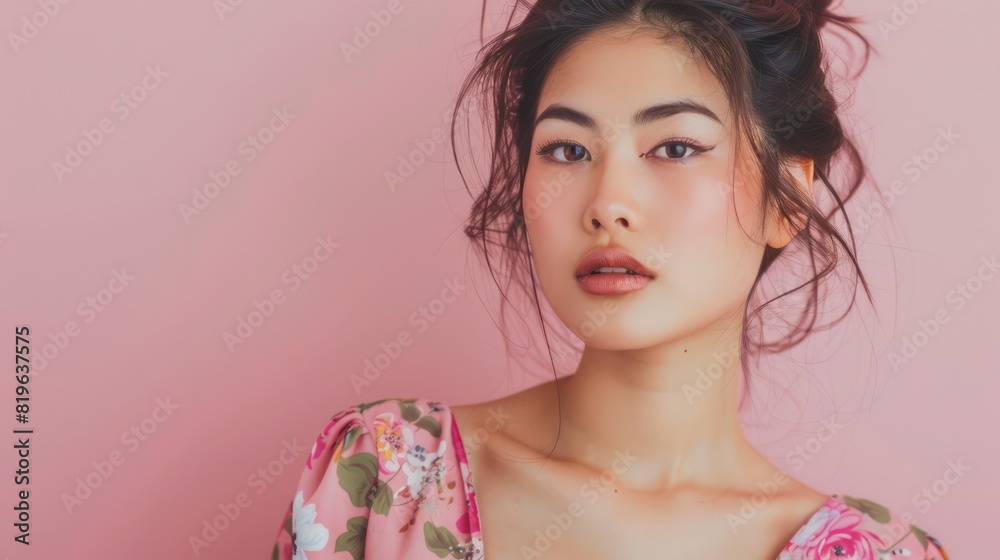 A captivating image captures the grace and sophistication of a young Asian woman, her enchanting beauty and fashionable dress enhanced by the soft pink background. A captivating image captures the grace and sophistication of a young Asian woman, her enchanting beauty and fashionable dress enhanced by the soft pink background.