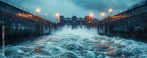 Powerful surge of water flowing through a dam, surrounded by industrial structures under a cloudy sky, showcasing energy and force. photo