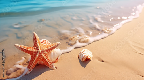 Starfish and shells on the beach. Concept of travel  vacation and holiday