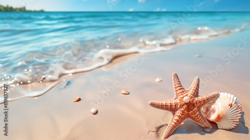 Starfish and shells on the beach. Concept of travel, vacation and holiday © lisssbetha