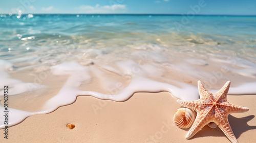 Starfish and shells on the beach. Concept of travel  vacation and holiday