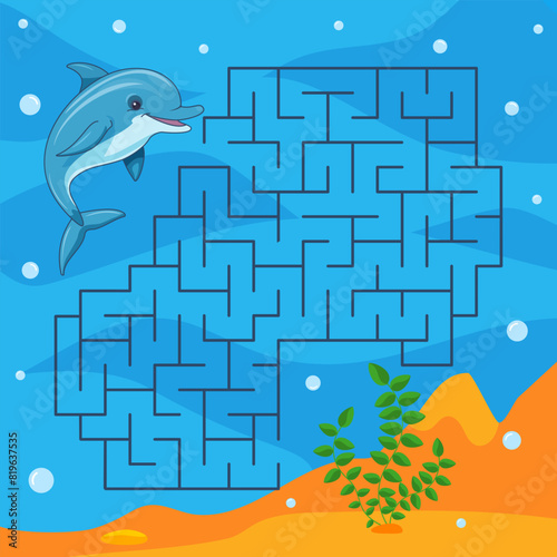 Children s game labyrinth on the theme of the underwater world. Help the dolphin find the right path Vector illustration