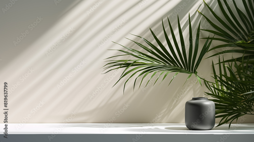 Green palm leaves in the vase on the light background