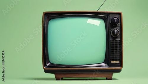 A vintage television with a retro design displayed against a solid pastel green background, emphasizing nostalgic technology.