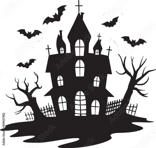 Creepy Halloween haunted castle black silhouette. Halloween vector illustration.