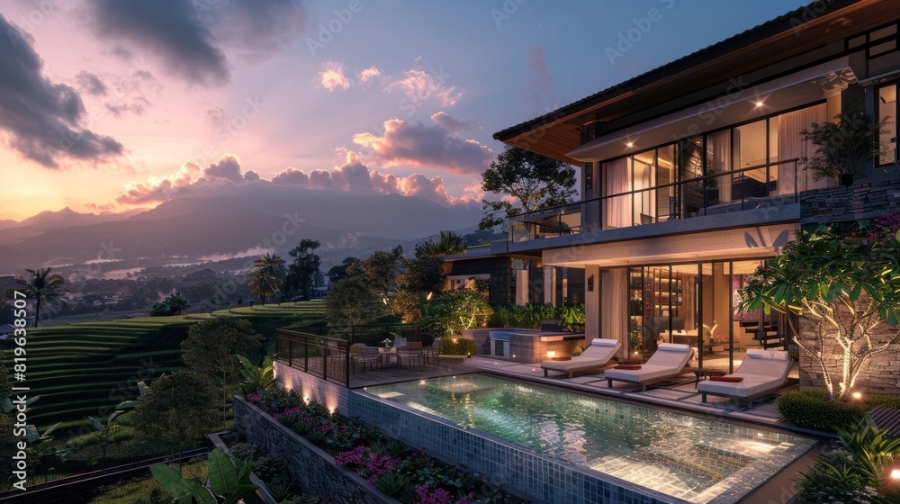 Luxurious TwoStory Mansion Overlooking Tranquil Rice Terraces at Twilight