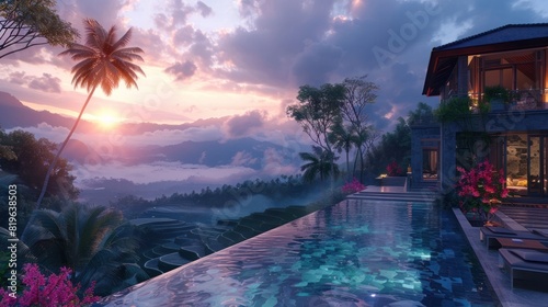 TwoStory Mansion of Luxury Overlooking Serene Twilight Rice Terraces