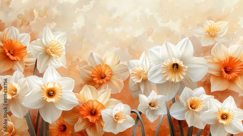Naklejka premium Luminous Watercolor Daffodils on a Splattered Golden Canvas, A Symphony of Spring.
