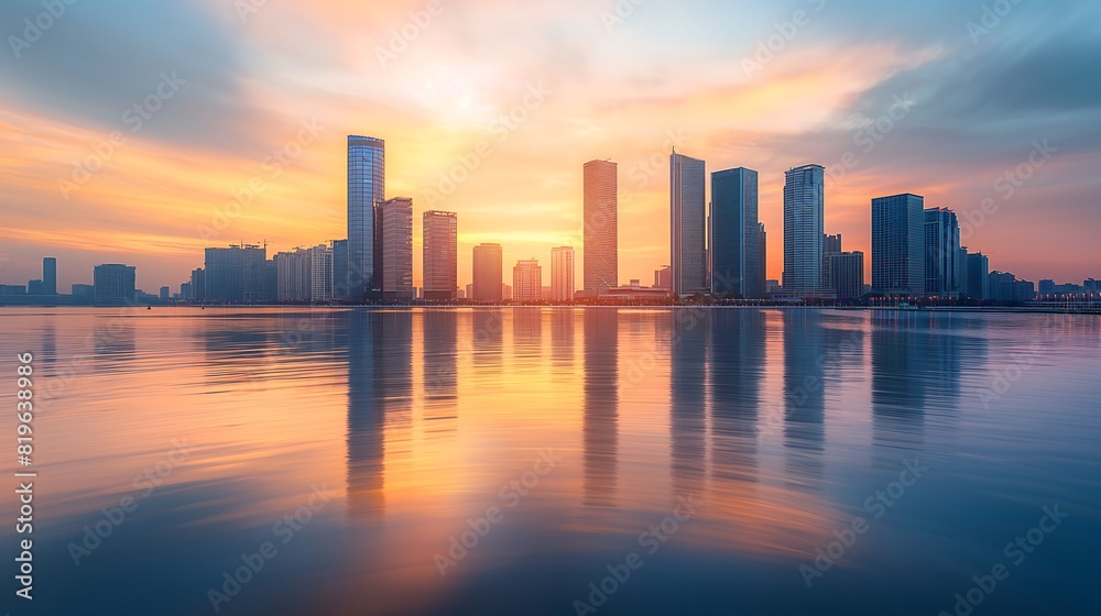 Tranquil sunset over a modern city skyline with reflective water and skyscrapers, capturing serene urban beauty.