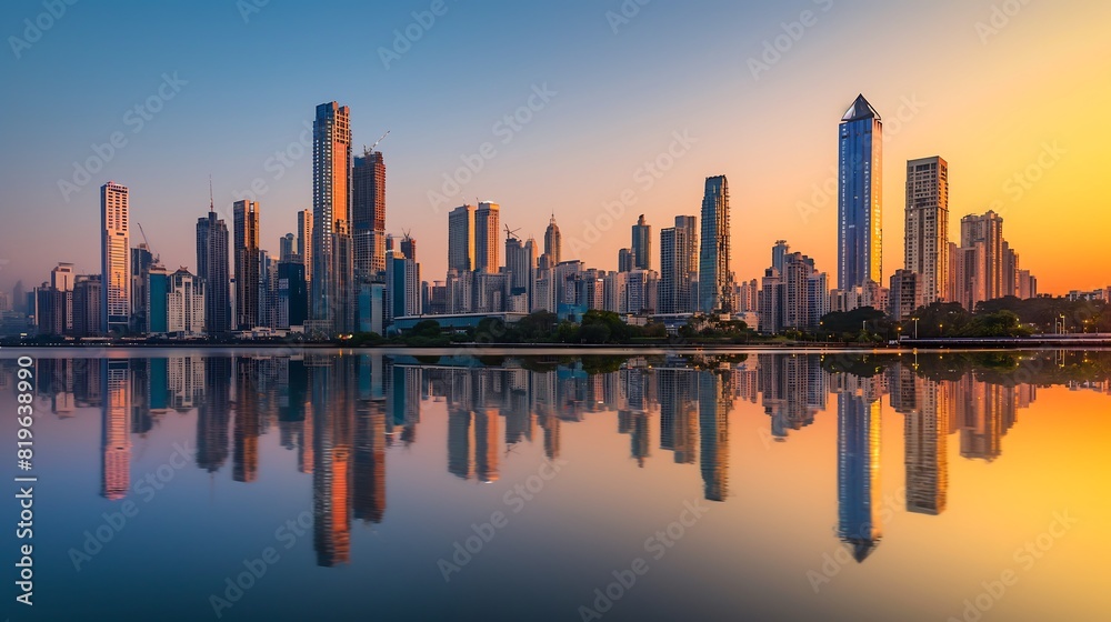 Mumbai skyscrapers reflecting in water at dawn, clear blue sky highlighting the modern skyline.