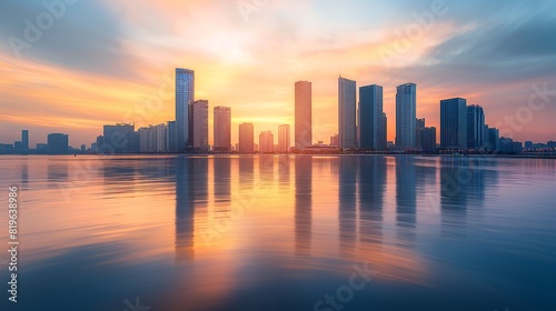 Tranquil sunset over a modern city skyline with reflective water and skyscrapers  capturing serene urban beauty.