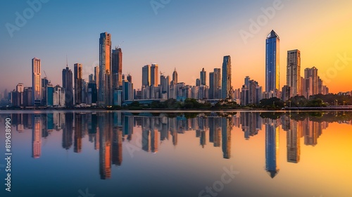 Mumbai skyscrapers reflecting in water at dawn  clear blue sky highlighting the modern skyline.