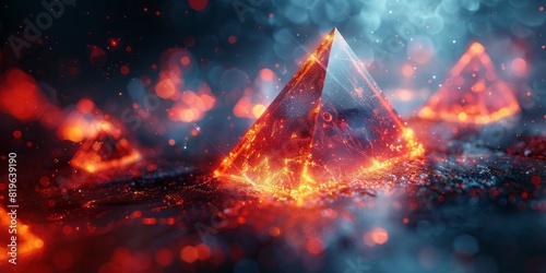 Red and black triangle shape contrasts against dark backdrop photo