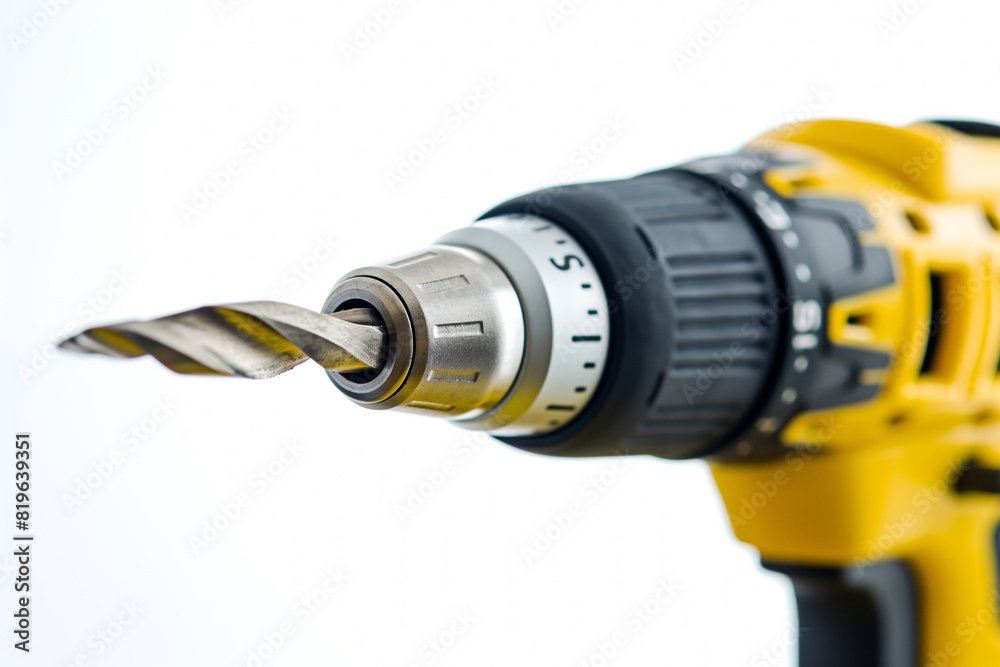 A close up of a yellow handheld power drill with a drill bit attached to it. Generative AI A close up of a yellow handheld power drill with a drill bit attached to it. Generative AI