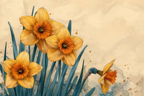 Captivating Daffodils Burst with Vibrancy on a Stained Watercolor Paper Backdrop.