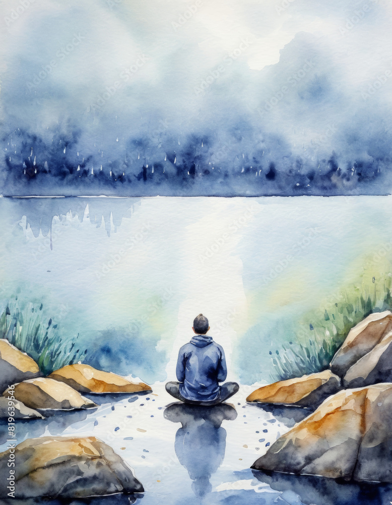 watercolor painting Meditation and spirituality concepts with man sitting on rock in front of lake in the rain