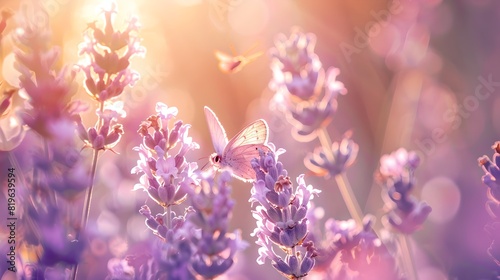 Butterfly on lavender flowers in sunlit meadow. Dreamy nature scene. Soft focus photography for calm backgrounds. Peaceful outdoor summer image. AI © Irina Ukrainets