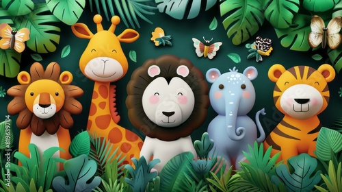 Various animals standing together in a grassy field