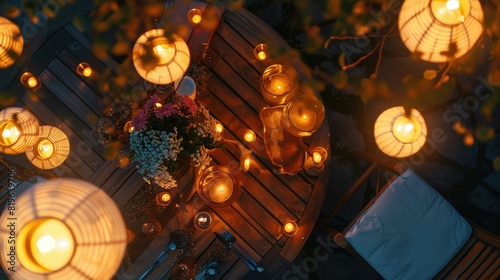A wooden table adorned with candles, flowers, and an orange houseplant in a beautiful circular pattern, creating a cozy atmosphere for any event AIG50 © Summit Art Creations