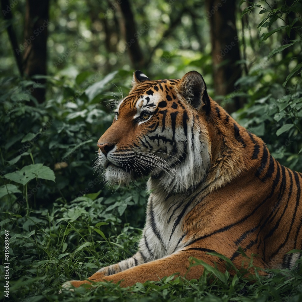 Obraz premium A majestic Bengal tiger resting in a lush green forest clearing.