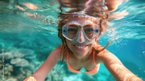 A young girl swims in the ocean in glasses and a bikini. She is smiling and looking at the camera in shallow water © lensofcolors