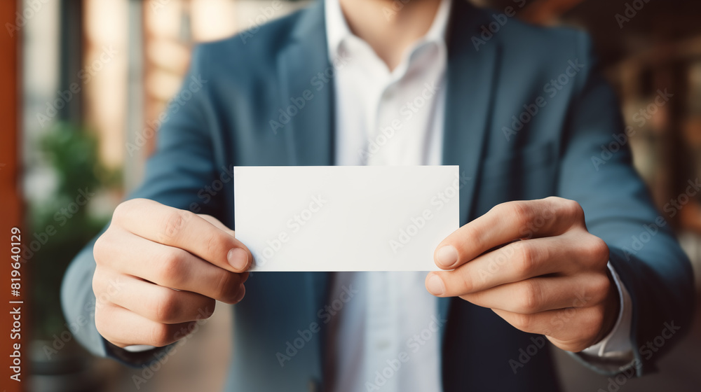 Handsome man holds white card in the hand in front of himself, concept of offer the services Handsome man holds white card in the hand in front of himself, concept of offer the services