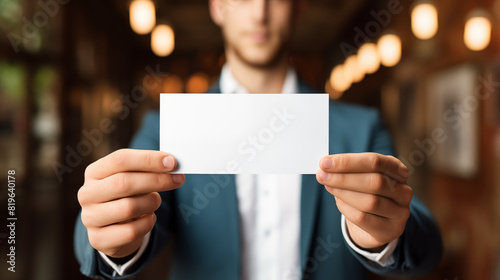 Handsome man holds white card in the hand in front of himself, concept of offer the services