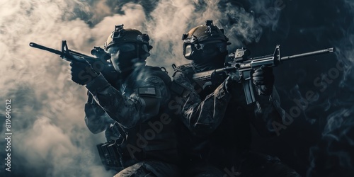 Armed special forces group in tactical gear, on a dark background. Law and order protection concept. SWAT group. Antiterrorism. Special operation.
