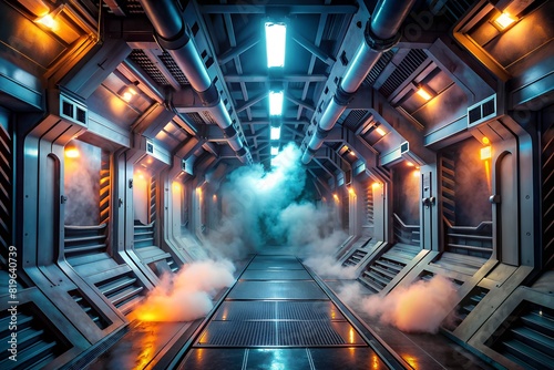 Dark Corridor Filled with Smoke in a Futuristic Alien Spaceship, Perfect for Sci-Fi Horror