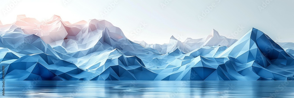 A painting depicting a towering mountain range with a body of water in the foreground A painting depicting a towering mountain range with a body of water in the foreground