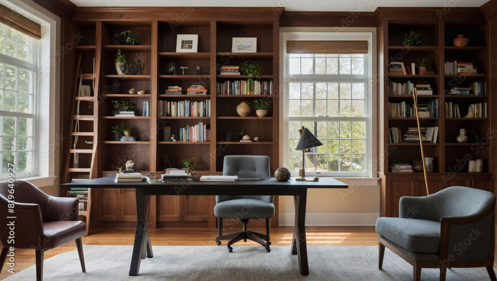 Home Office or Library Boasting Custom Built-in Bookshelves, Inviting Seating, and Serene Views for a Peaceful Workspace.