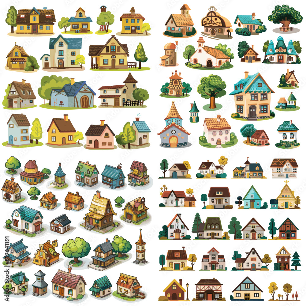 Whimsical fairytale houses in a charming, hand-drawn style featuring cozy cottages, fantasy-inspired architecture, and lush green landscapes Whimsical fairytale houses in a charming, hand-drawn style featuring cozy cottages, fantasy-inspired architecture, and lush green landscapes