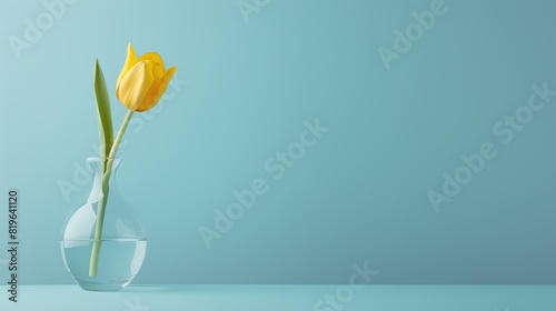 A single yellow tulip in a clear vase against a light blue backdrop #819641120
