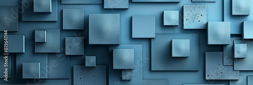 Blue wall with numerous squares in various shades forming a geometric pattern