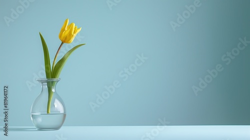 A single yellow tulip in a clear vase against a light blue backdrop #819641172