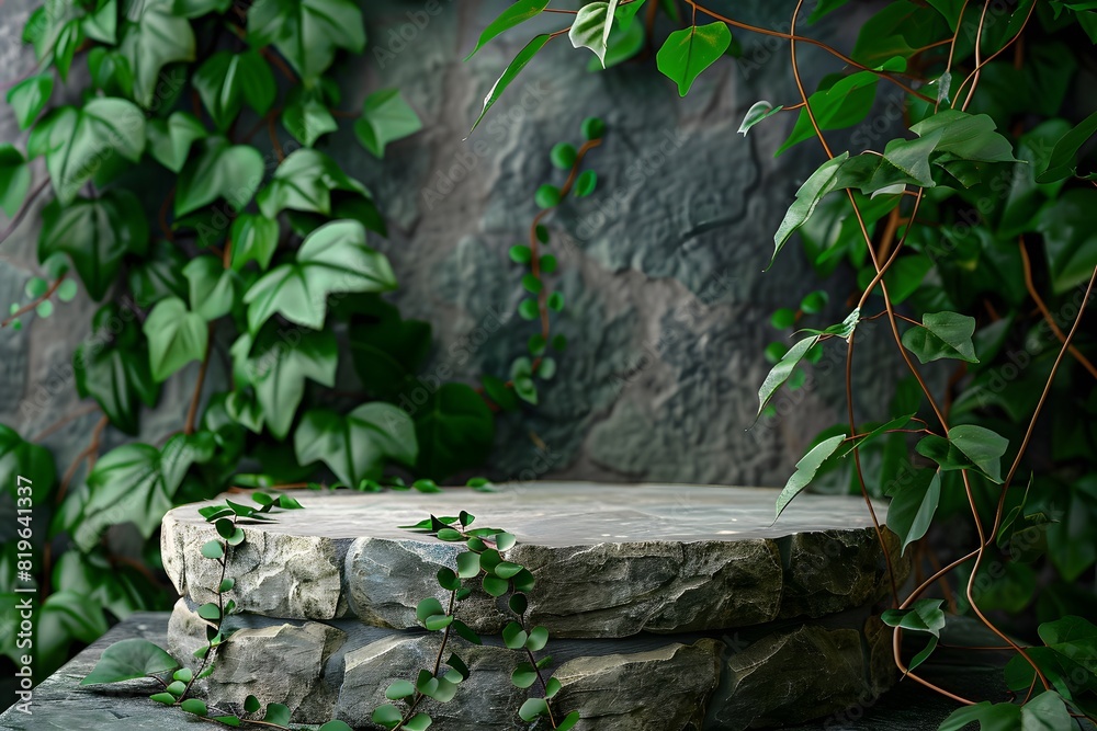 Stone podium with green leaves Stone podium with green leaves