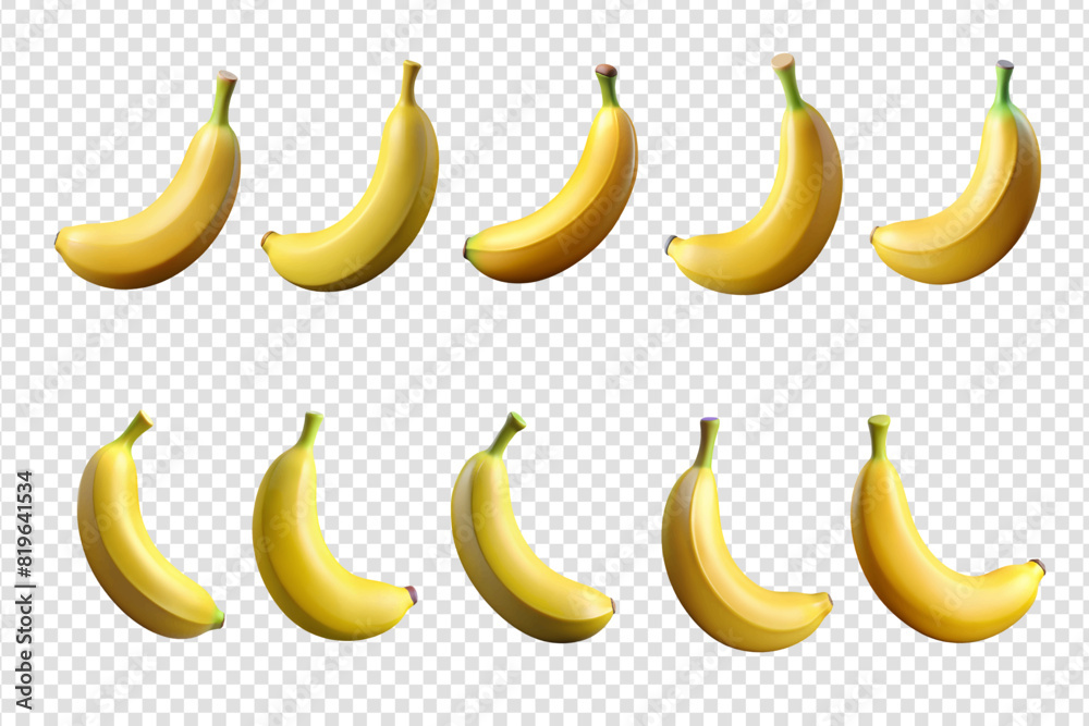 Yellow 3d banana. Bananas vector png. Digital banana png. Vector illustration. Yellow tropical banana 3d Banana on a transparent background. 3d vector png.