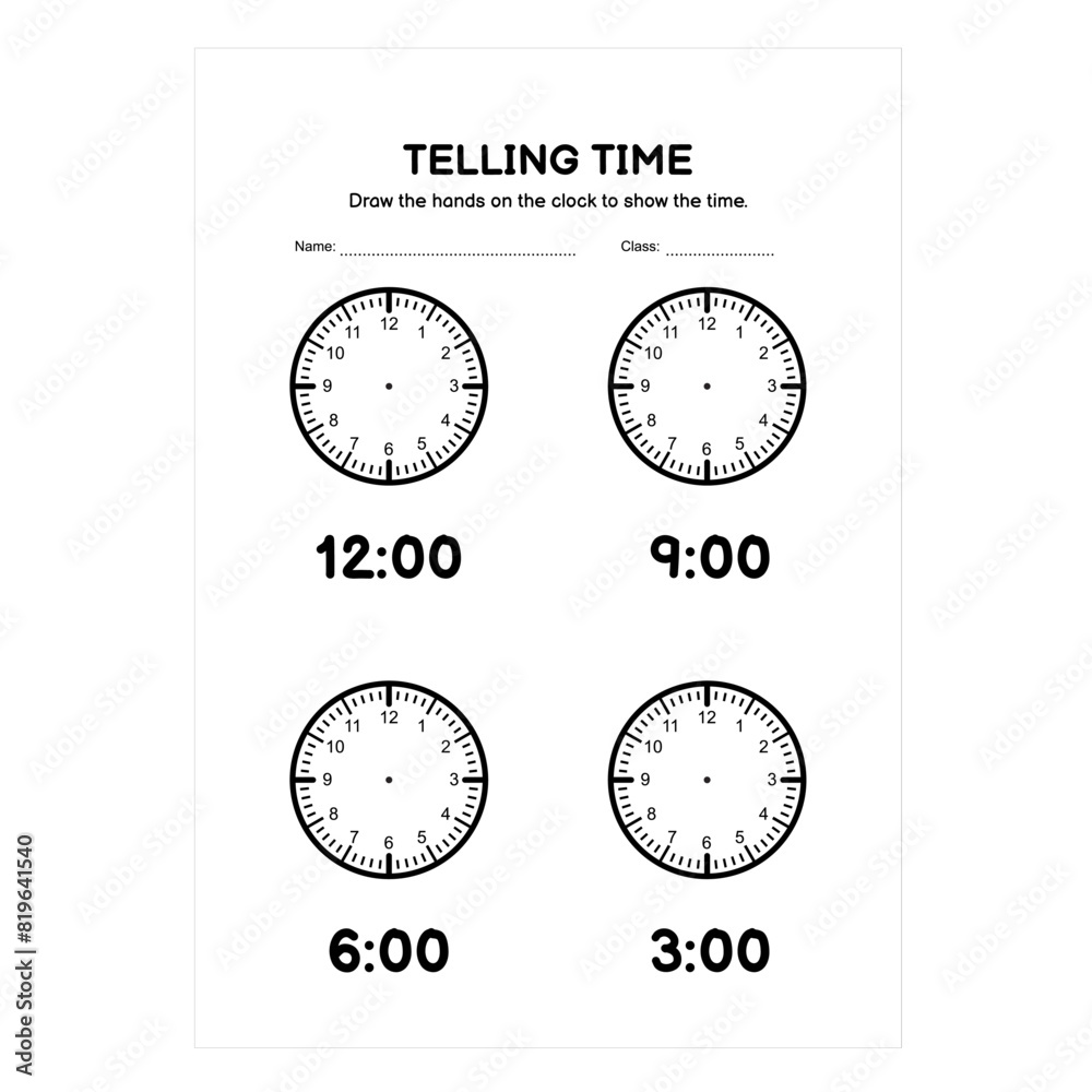 Naklejka premium Telling Time. Time and Clock Worksheets. Math Worksheets. Analog Time Worksheets for Kids