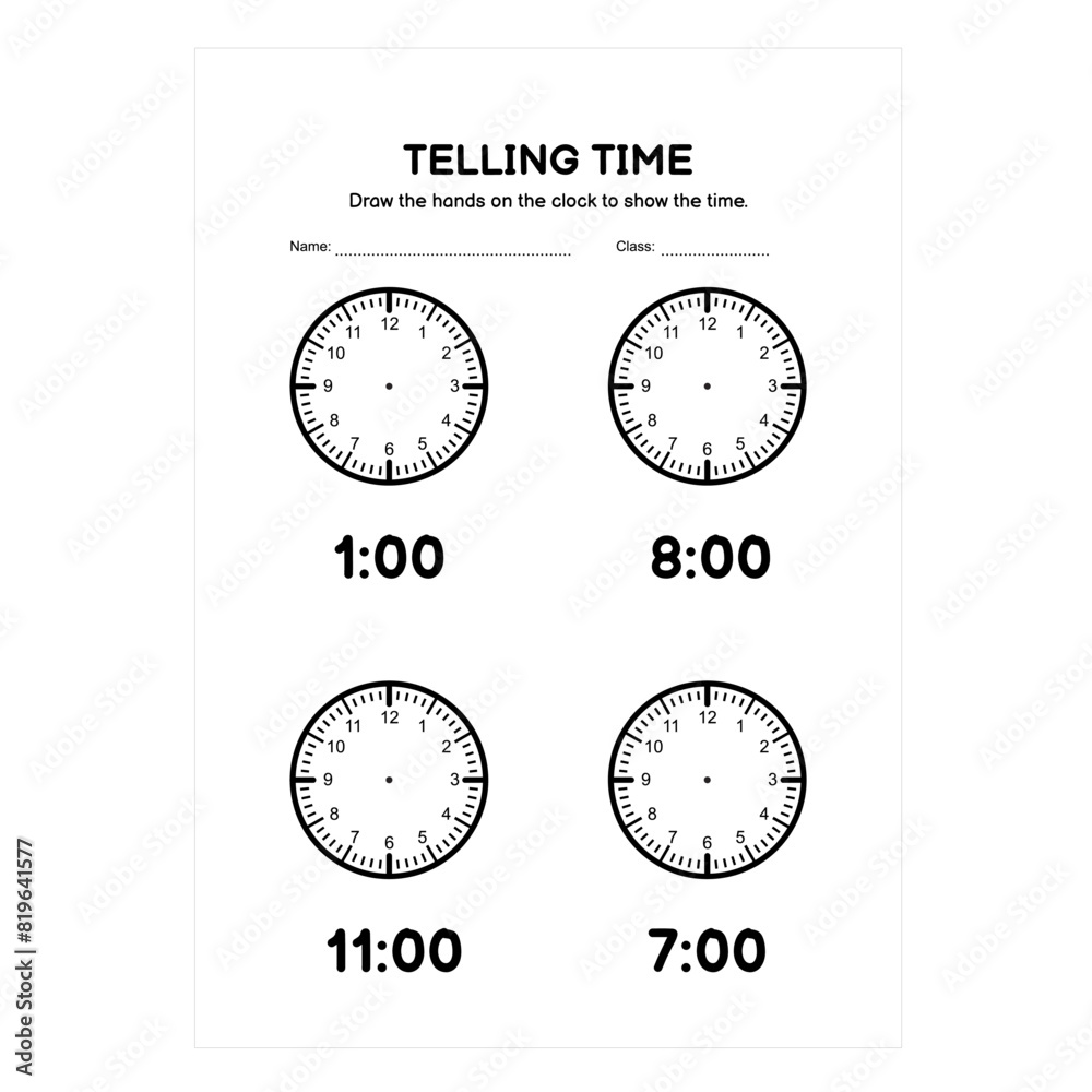 Naklejka premium Telling Time. Time and Clock Worksheets. Math Worksheets. Analog Time Worksheets for Kids