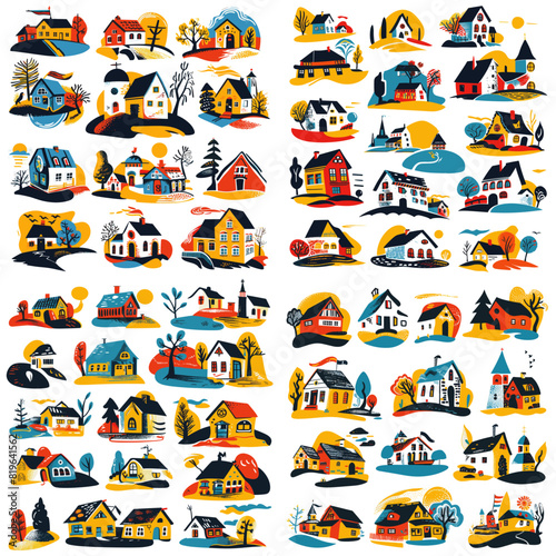Vibrant modern folk art houses in a colorful, abstract style featuring whimsical architecture, playful landscapes, and hand-drawn artistic details