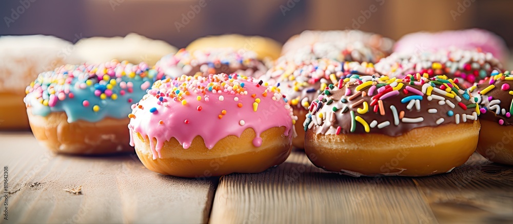 Donuts with glaze and sprinkles displayed on a wooden table with a blurred background emphasizing a party food theme with room for text in the image. Copy space image