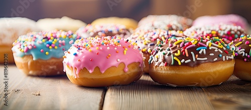 Donuts with glaze and sprinkles displayed on a wooden table with a blurred background emphasizing a party food theme with room for text in the image. Copy space image