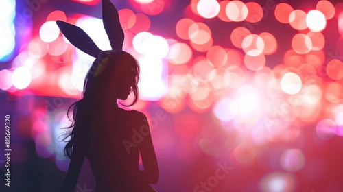 A chic, minimalist silhouette of a charming girl in a bunny suit, with the excitement of a club scene softly blurred behind her, depicted noisefree