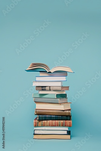 Education concept: Side view of stack of books with open book on top. Light blue background.