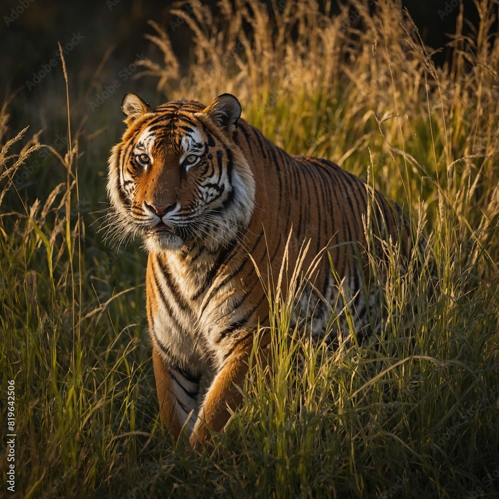 Naklejka premium A tiger prowling through tall grass in the golden light of dawn.