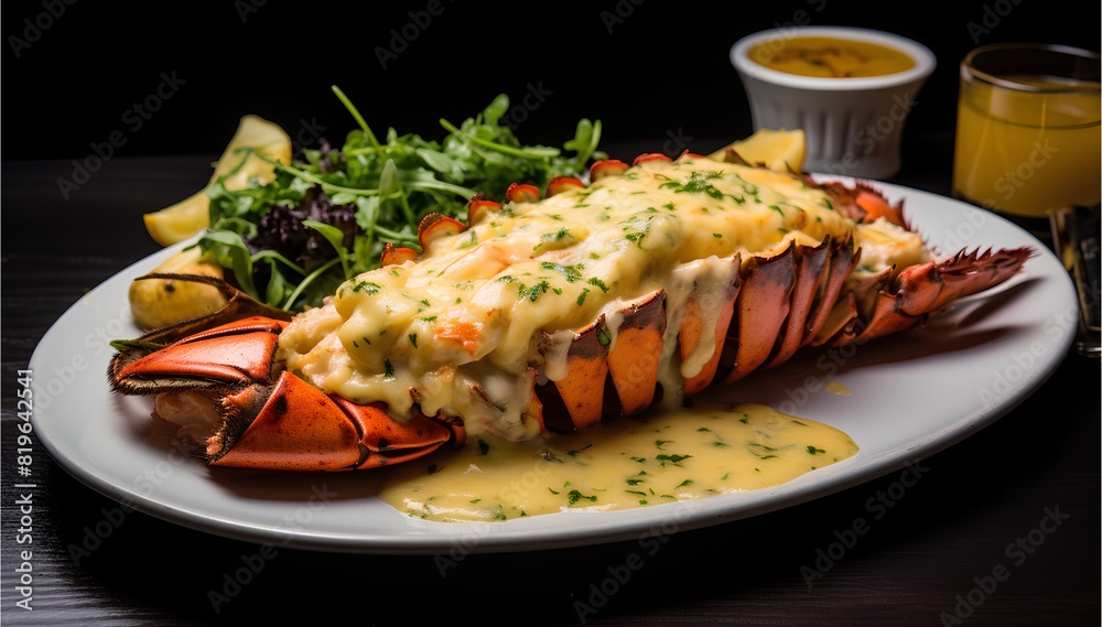 Lobster Thermidor, decadent French dish, lobster meat bathed in creamy, flavorful sauce Lobster Thermidor, decadent French dish, lobster meat bathed in creamy, flavorful sauce